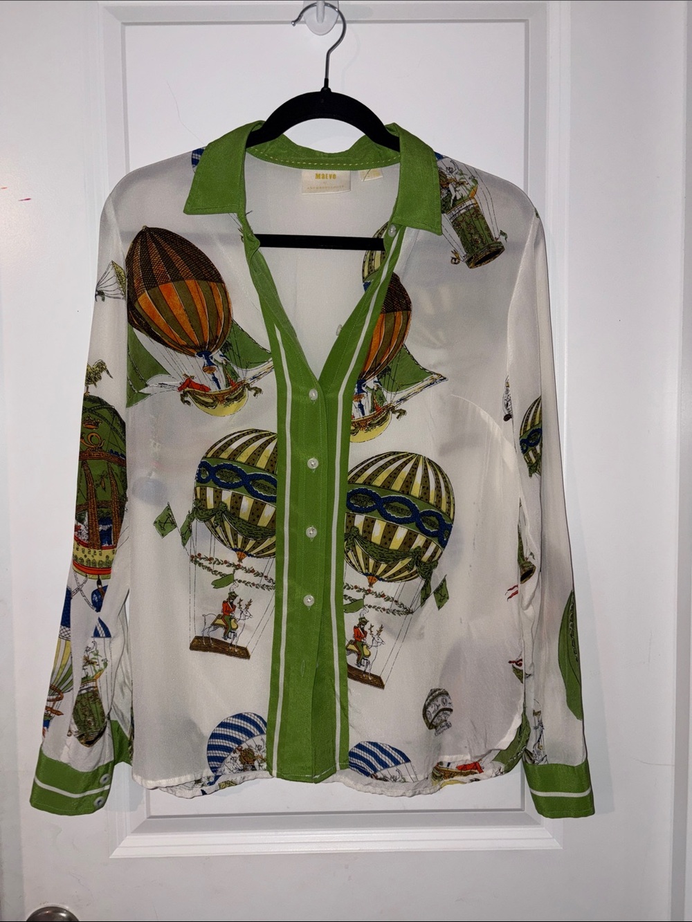 Anthropologie Green-Trim Balloon Print Button-Down Shirt
